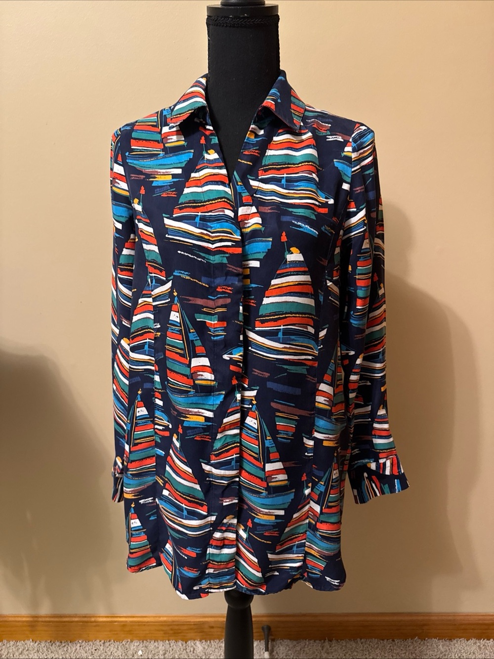 Soft Surroundings Navy Multicolor Sailboat-Print Blouse